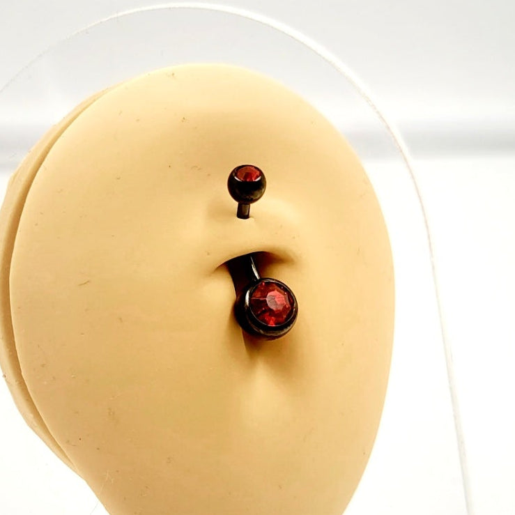 Black 14G Stainless Steel With Red Gem Belly Bar