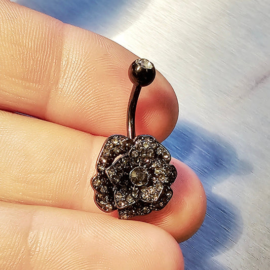 Black Crystal Rose Flower Belly Bar 14G