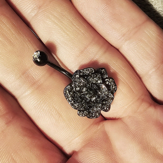 Black Crystal Rose Flower Belly Bar 14G