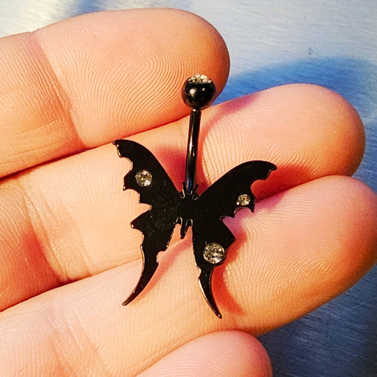 Black Stainless Steel Gothic Butterfly Belly Bar 14G