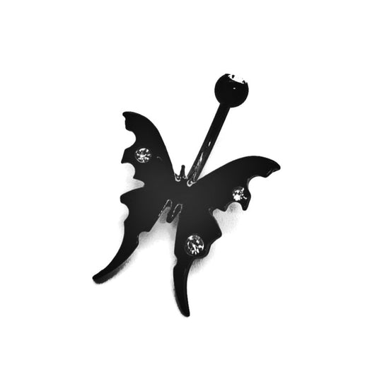Black Stainless Steel Gothic Butterfly Belly Bar 14G