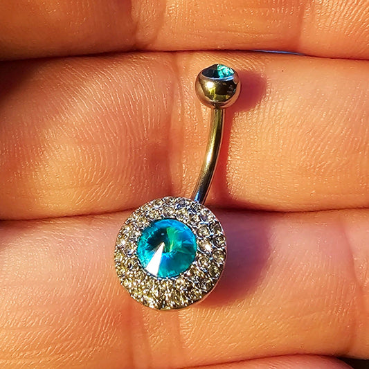 Silver Diamante Turquoise Blue Gem Circular Belly bar 14G