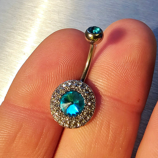 Silver Diamante Turquoise Blue Gem Circular Belly bar 14G