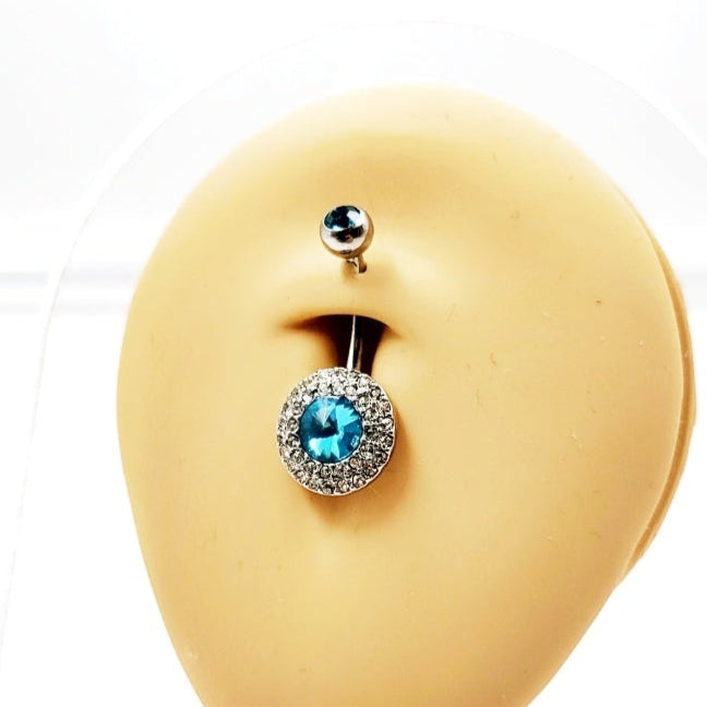 Piercing de nombril circulaire en argent avec pierres turquoise bleues et diamants 14G