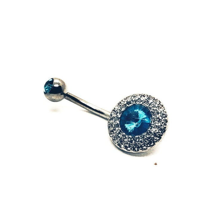 Piercing de nombril circulaire en argent avec pierres turquoise bleues et diamants 14G