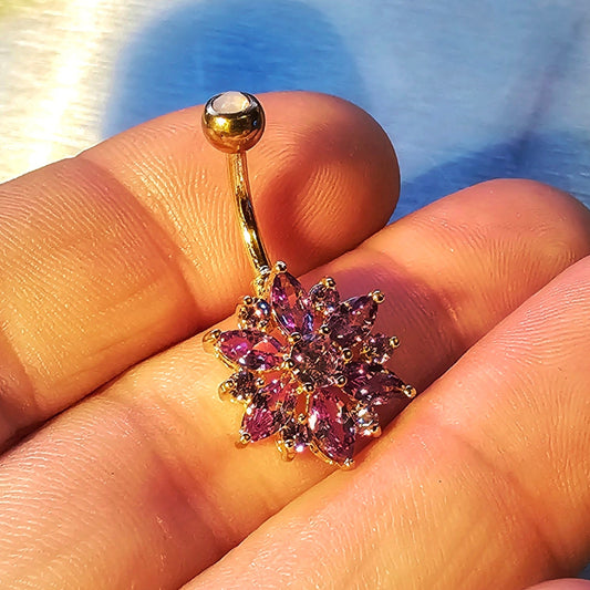 Purple Rhinestone Flower Belly Bar 14G