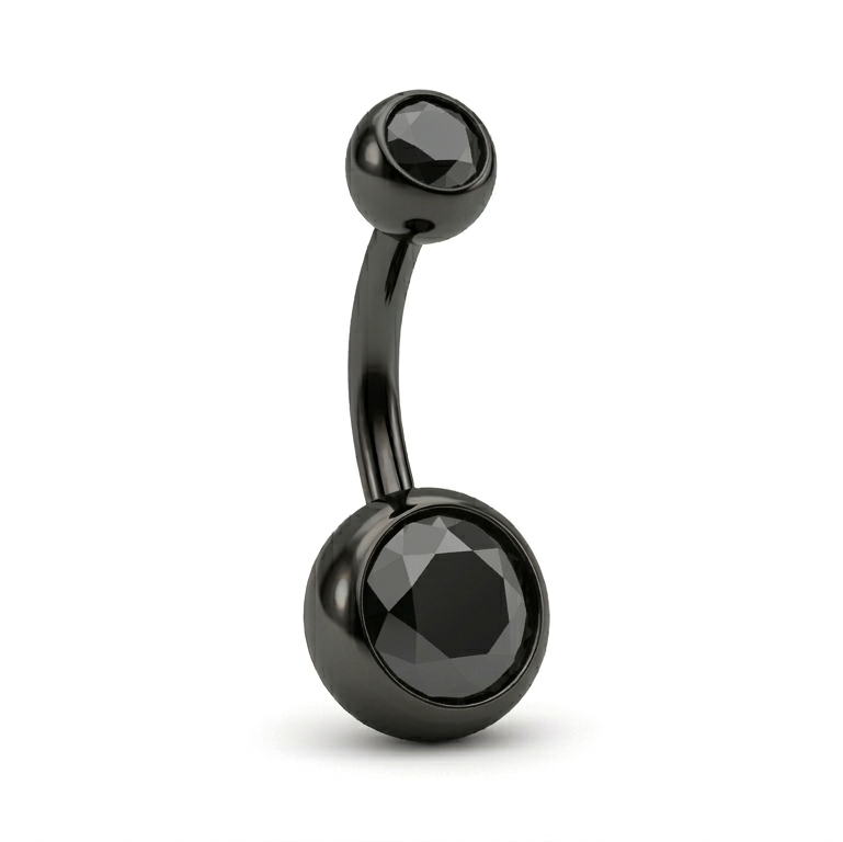 Black belly button ring on a white background