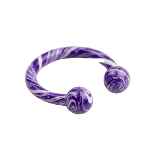 A purple and white marbled open Horseshoe ring with two spherical ends, photographed on a clean white background.