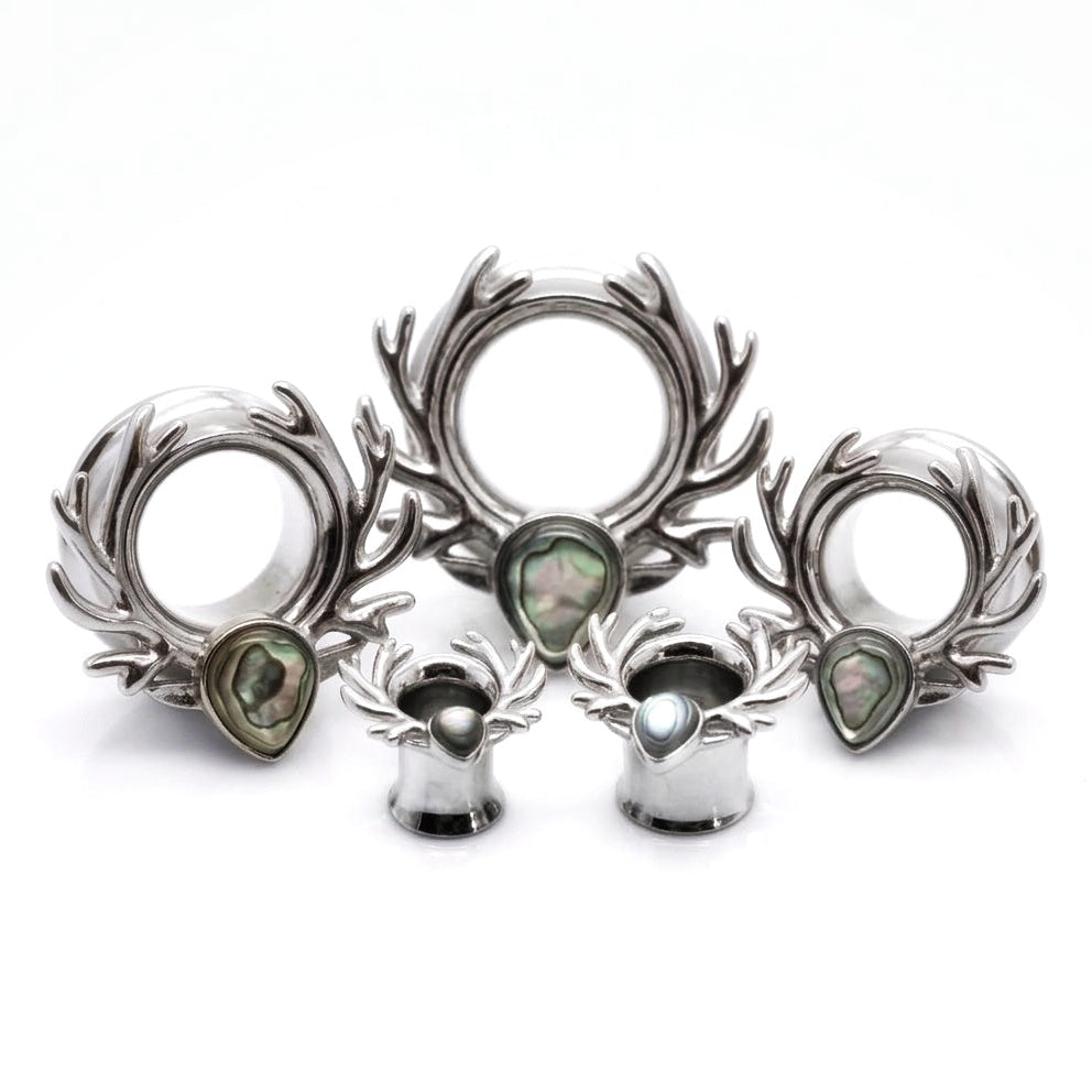 Set of silver deer antler ear tunnels on a white background