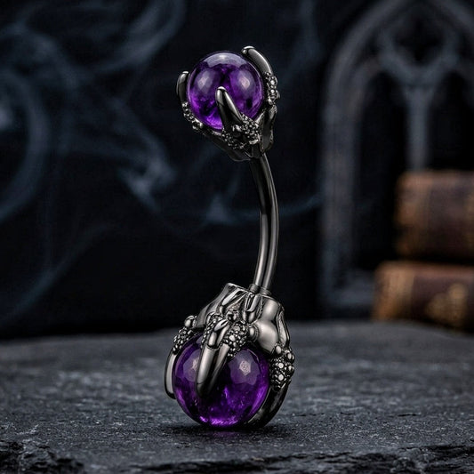 Dragon claw purple stone belly bar 14G stainless steel