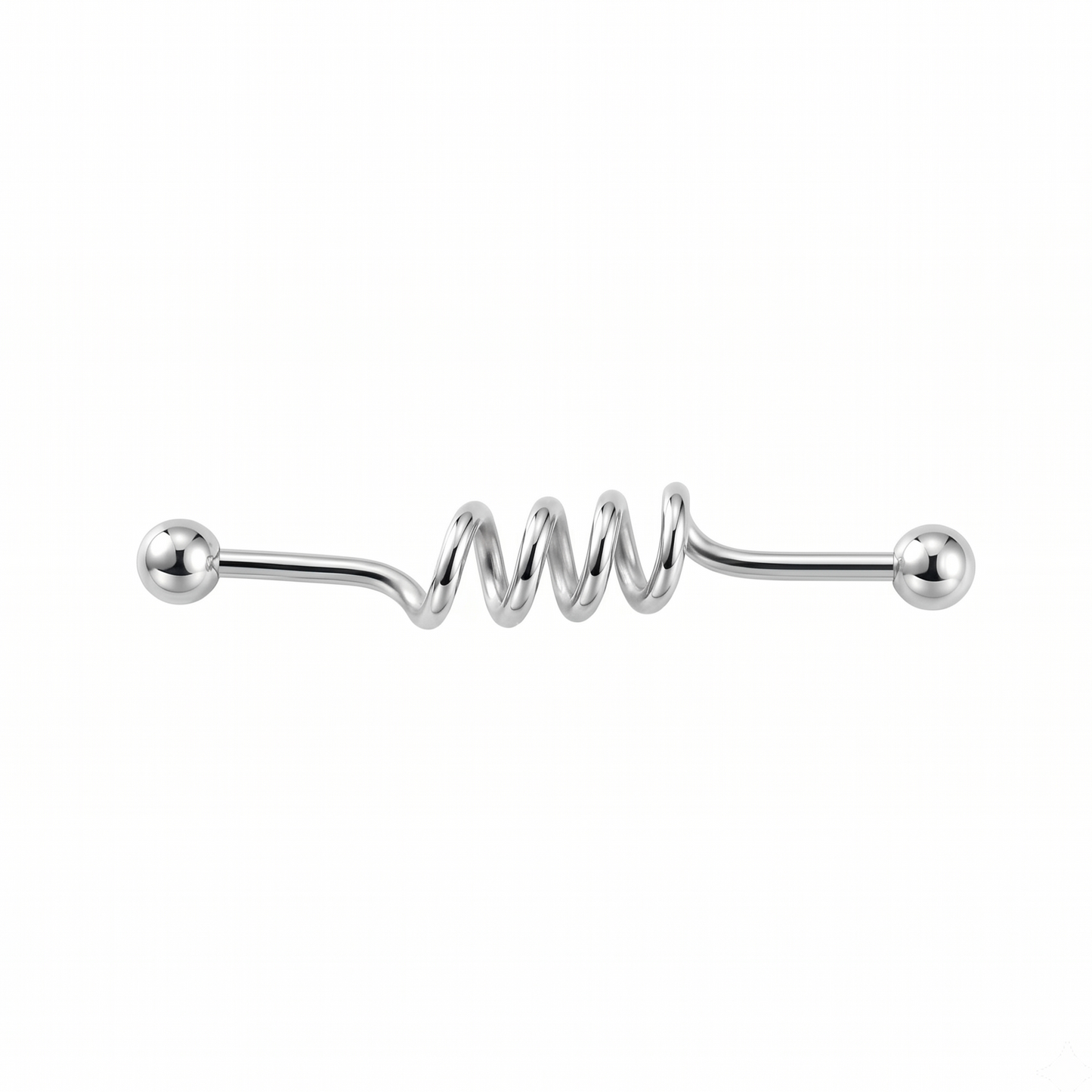 Silver barbell with a spiral design on a white background