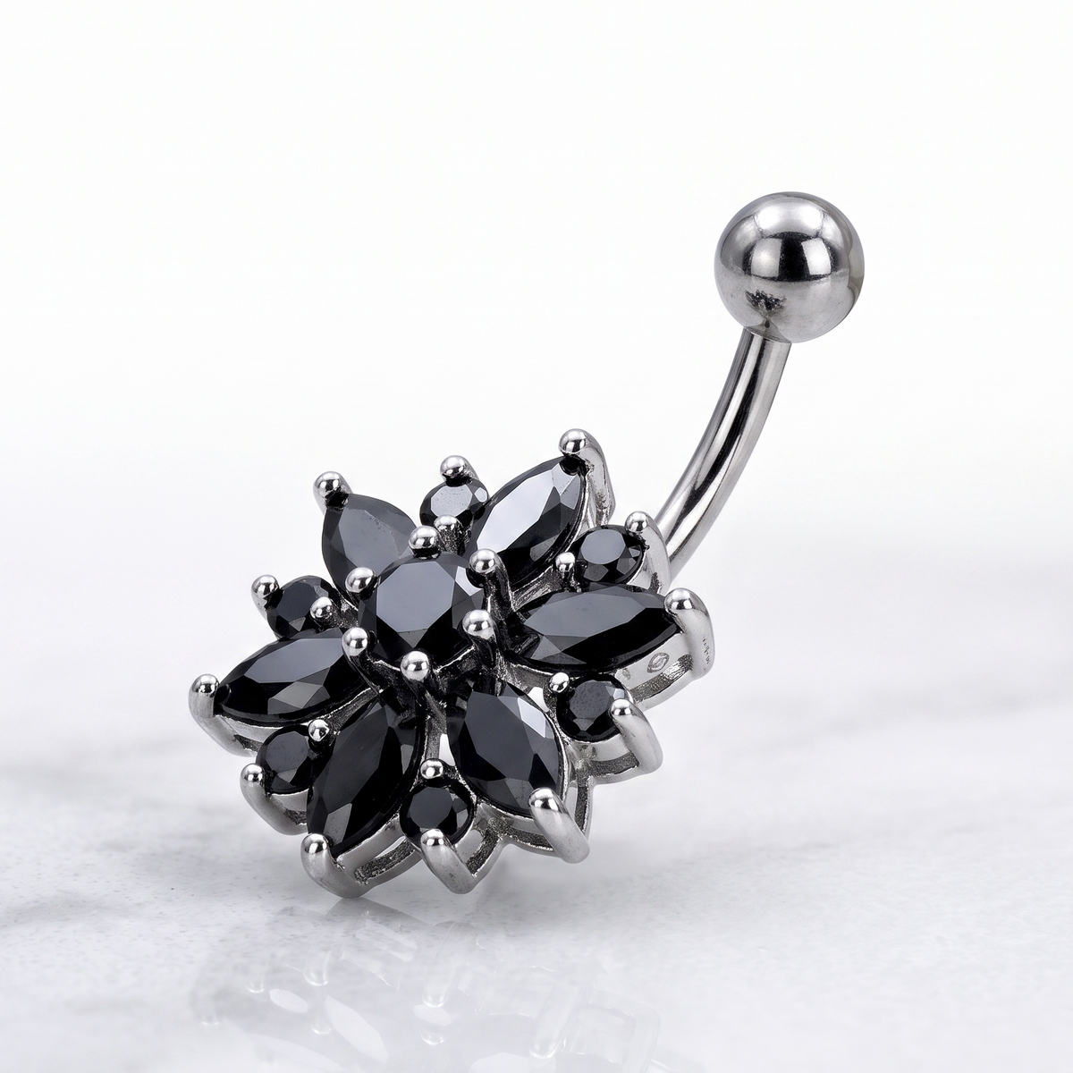 Black Rhinestone Flower Belly Bar 14G