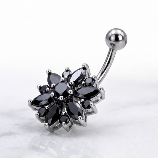 Black Rhinestone Flower Belly Bar 14G