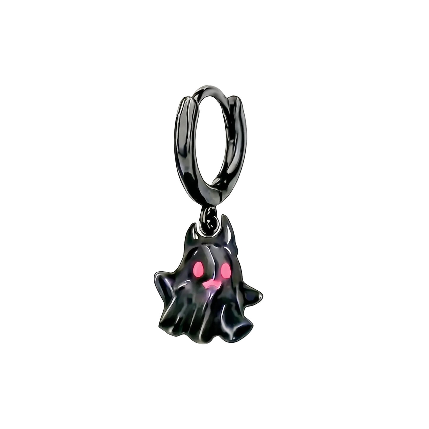Black ghost-shaped earring with pink eyes on a white background