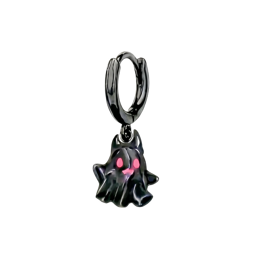 Black ghost-shaped earring with pink eyes on a white background