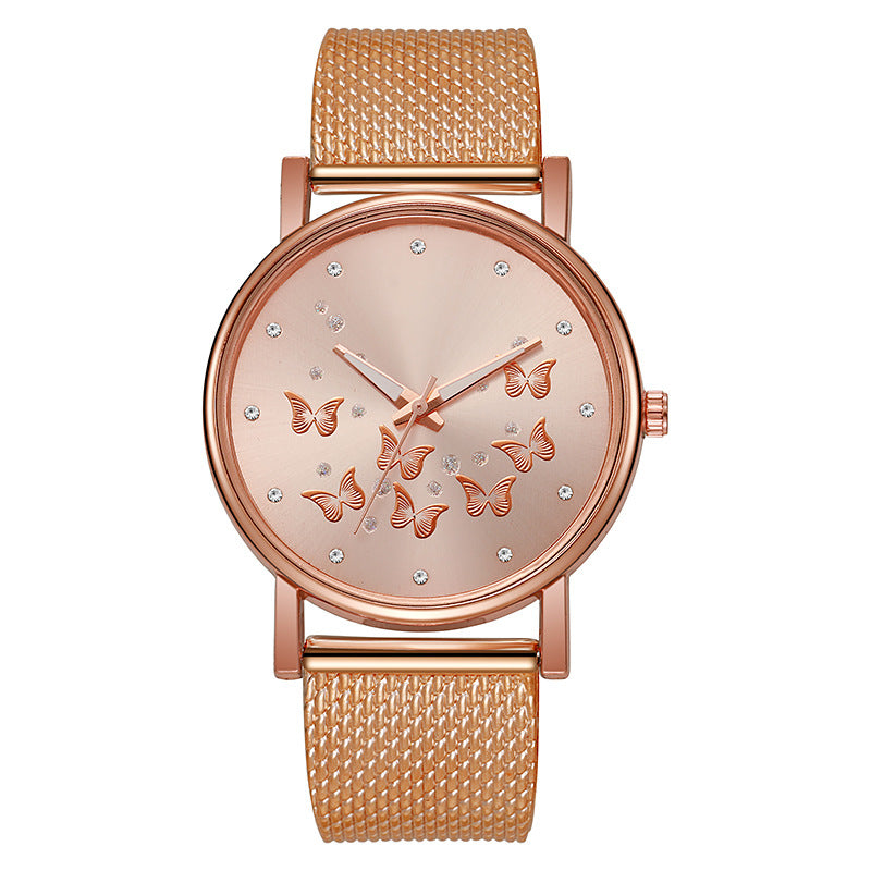 Montre à quartz décontractée pour femme avec boucle de couleur unie et papillon