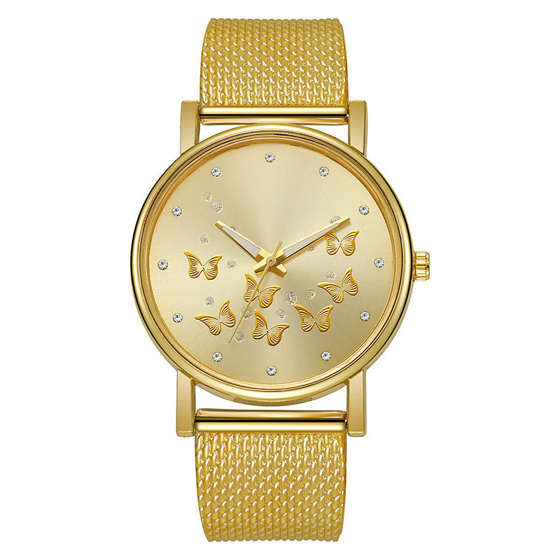 Montre à quartz décontractée pour femme avec boucle de couleur unie et papillon