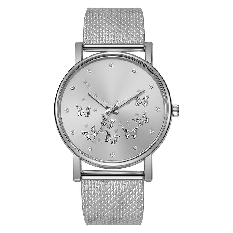 Montre à quartz décontractée pour femme avec boucle de couleur unie et papillon