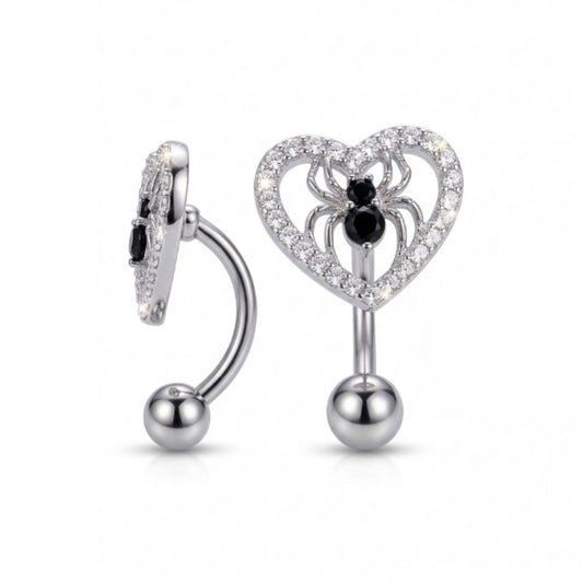 Pave-set clear cubic zirconia heart-shaped reverse navel ring with a detailed black cubic zirconia spider inside, 14g surgical stainless steel bar shown at two angles.