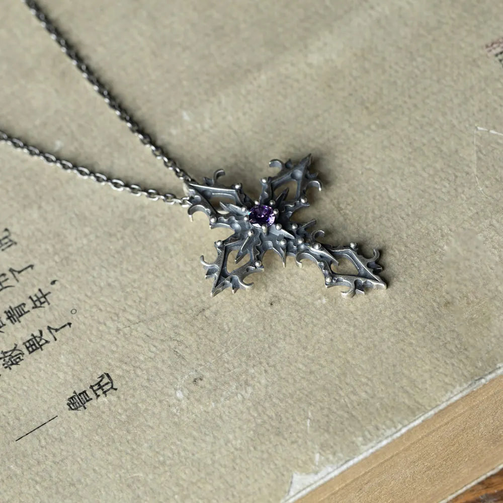 Purple Zircon Cross 925 Sterling Silver Pendant Necklace