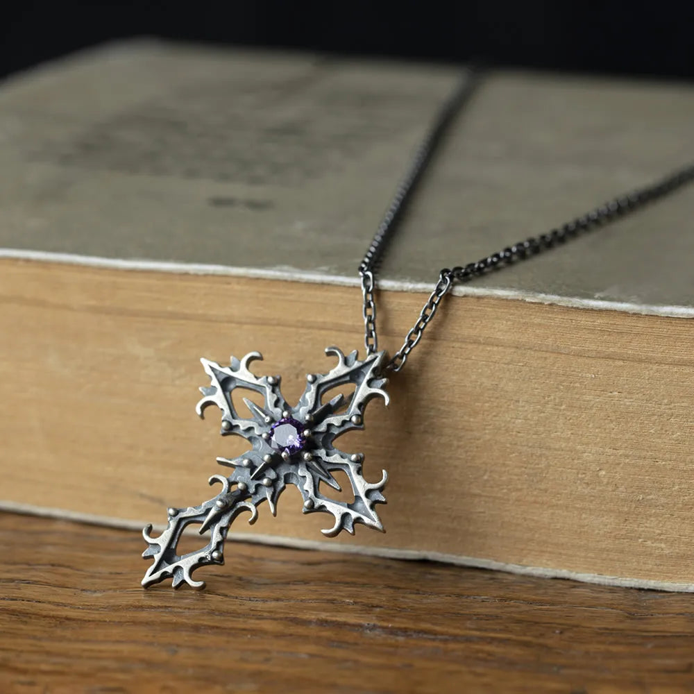 Purple Zircon Cross 925 Sterling Silver Pendant Necklace