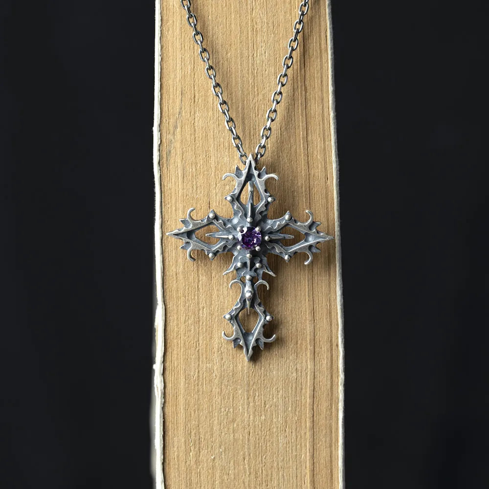 Purple Zircon Cross 925 Sterling Silver Pendant Necklace