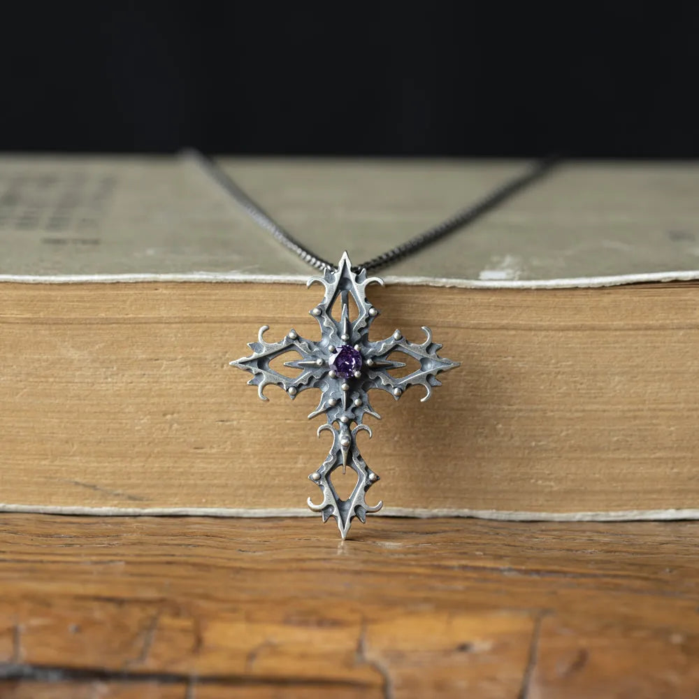Purple Zircon Cross 925 Sterling Silver Pendant Necklace