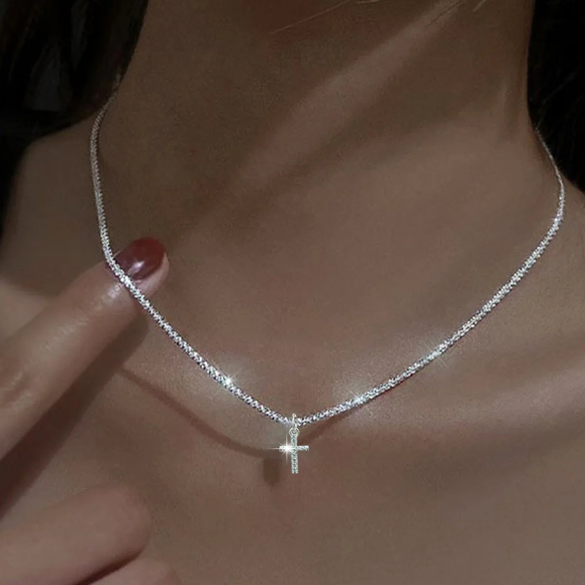 Silber Kreuz Zirkon Geometrische 925 Sterling Halskette