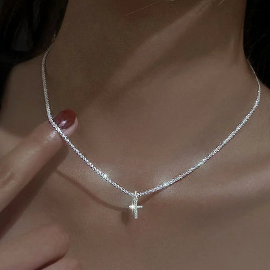 Silber Kreuz Zirkon Geometrische 925 Sterling Halskette