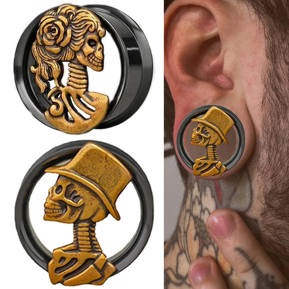 Totenkopf Braut & Bräutigam Edelstahl Ohr Tunnel Plug