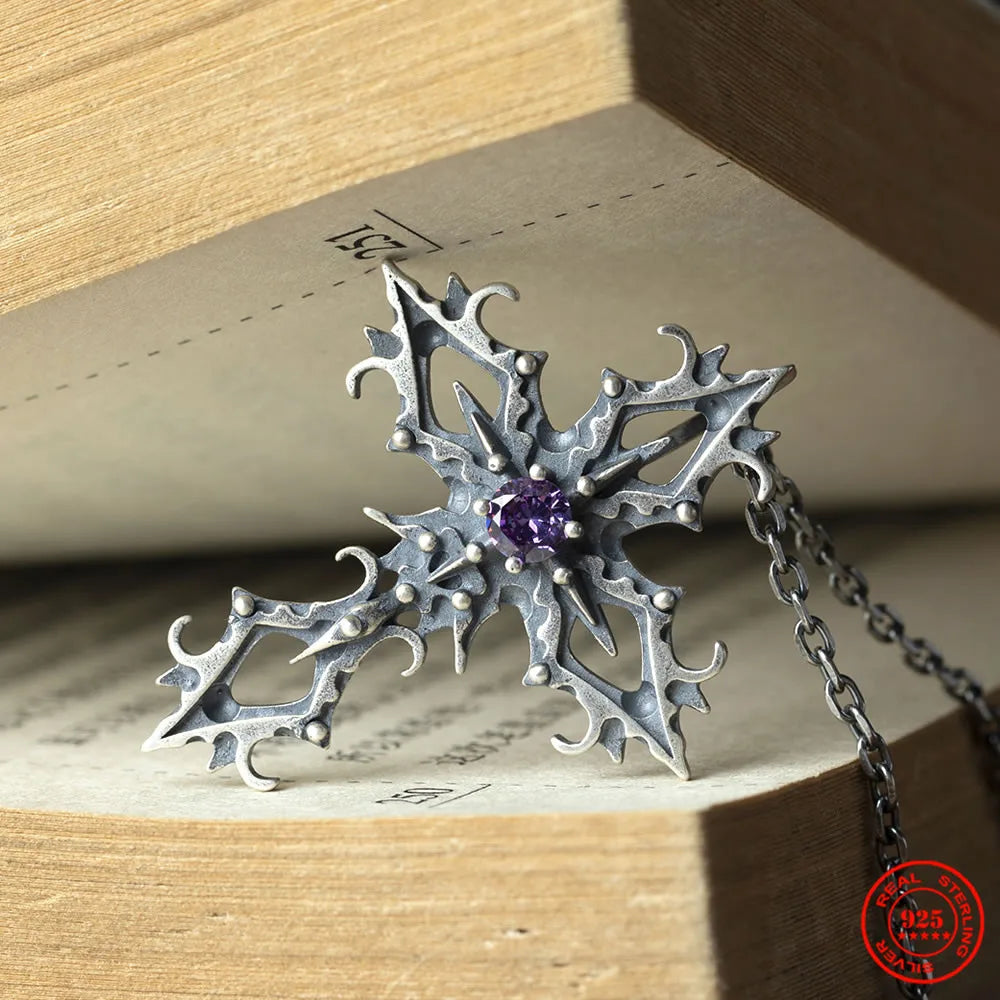 Purple Zircon Cross 925 Sterling Silver Pendant Necklace