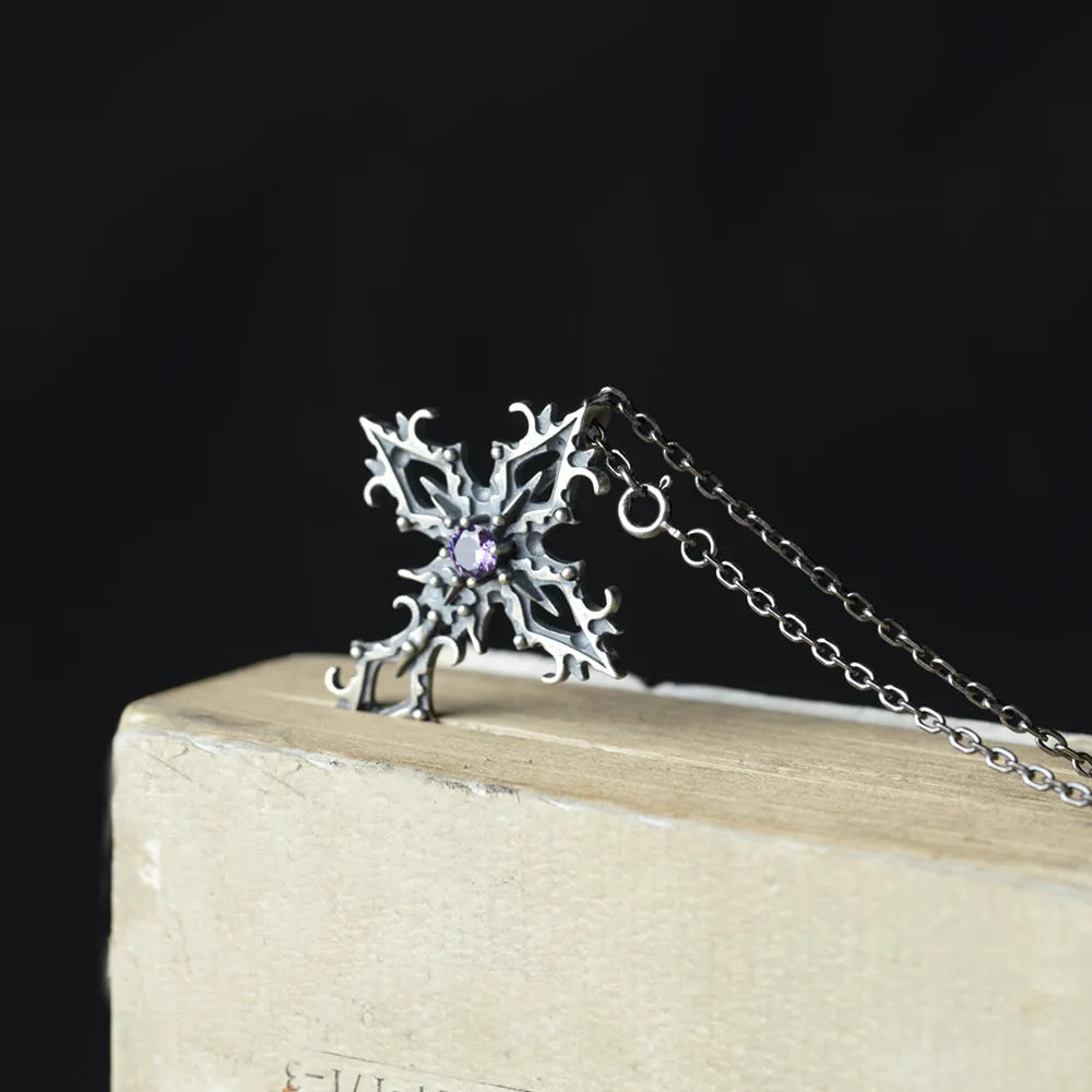 Purple Zircon Cross 925 Sterling Silver Pendant Necklace