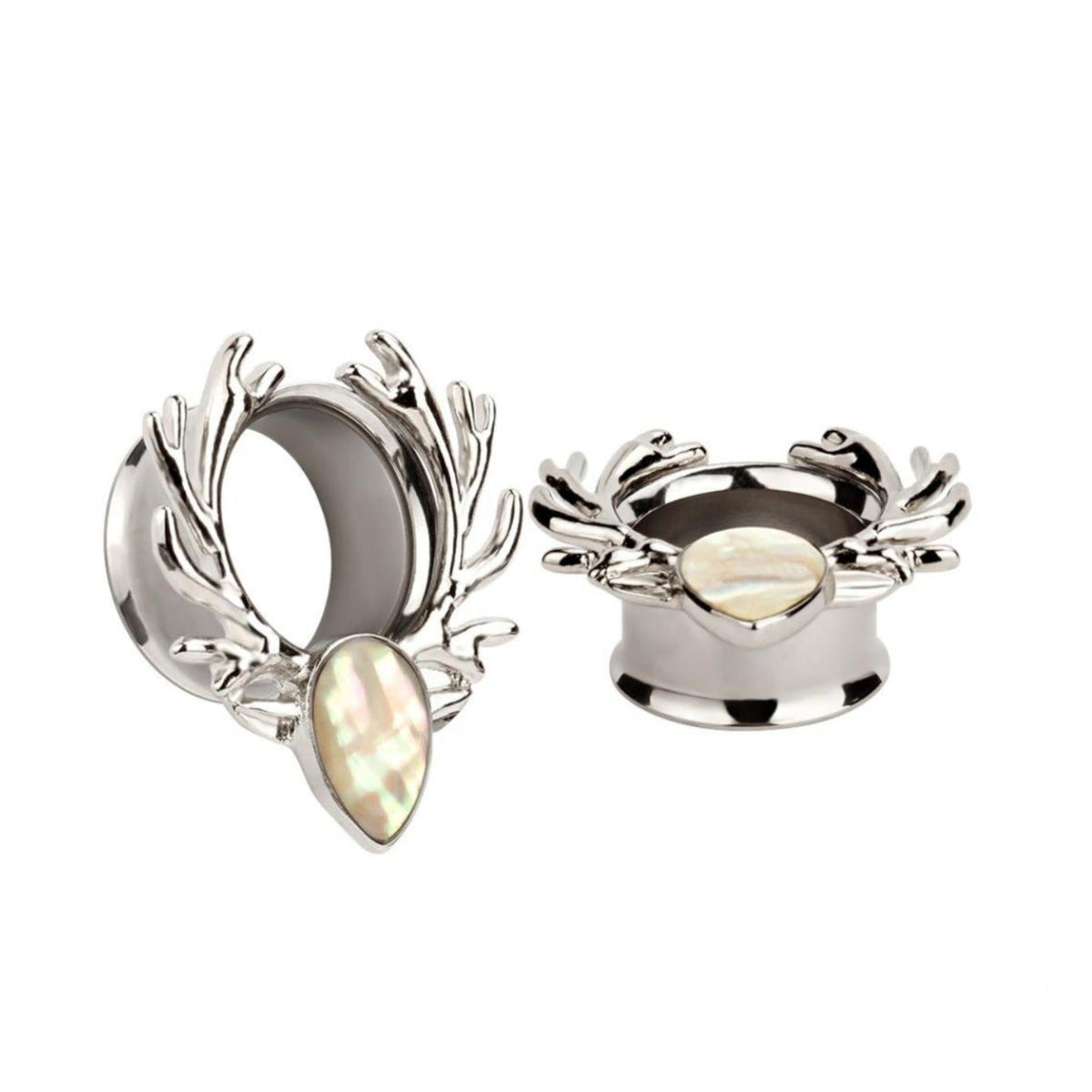 Pair of silver ear tunnel gauges with opal gemstones on a white background