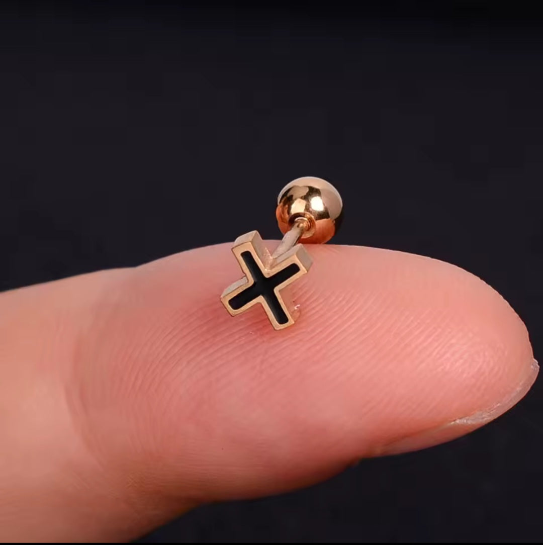 X Black & Gold Ear Stud 16G
