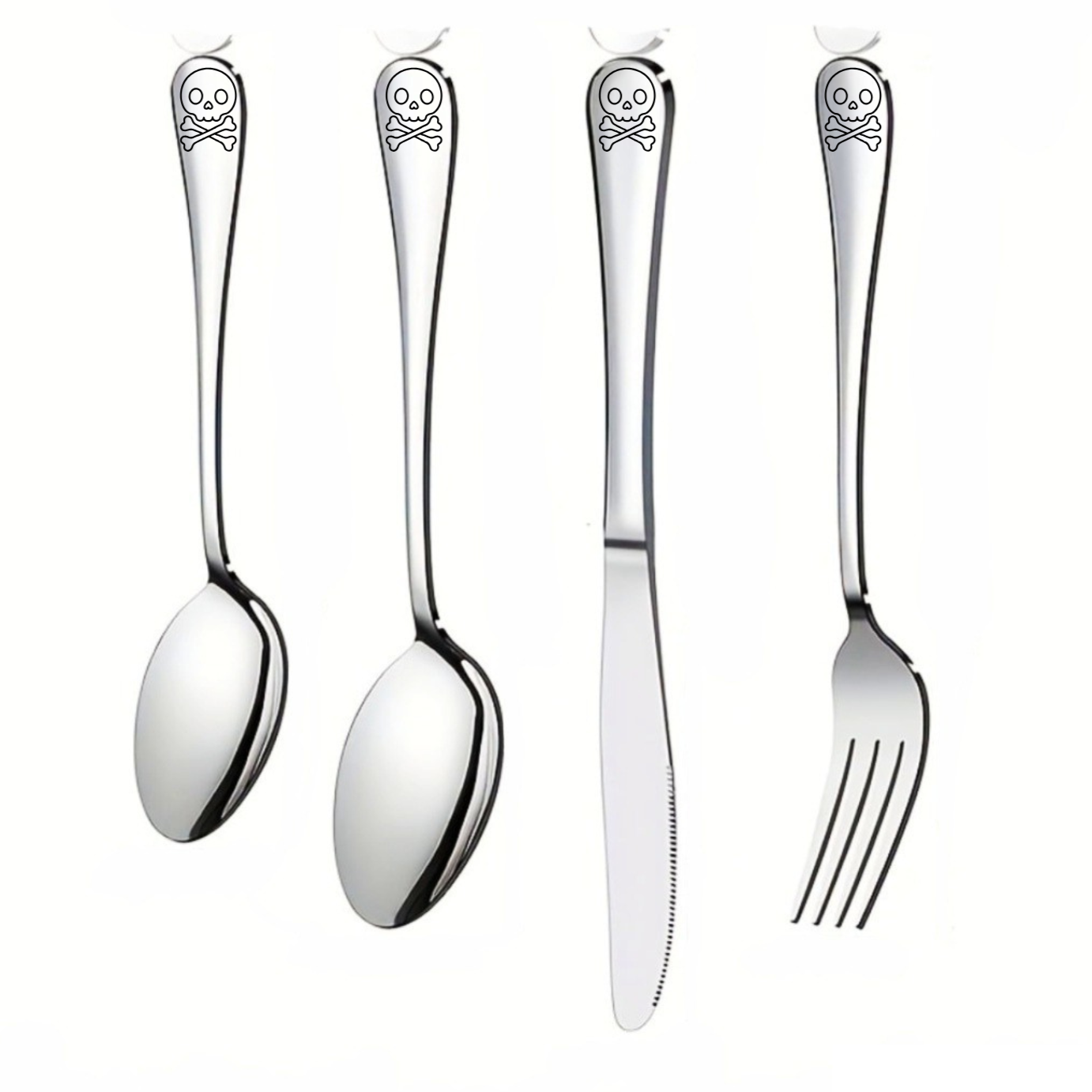 Skull Crossbones 4pc Stainless Steel Cutlery Personalise Engraving Set