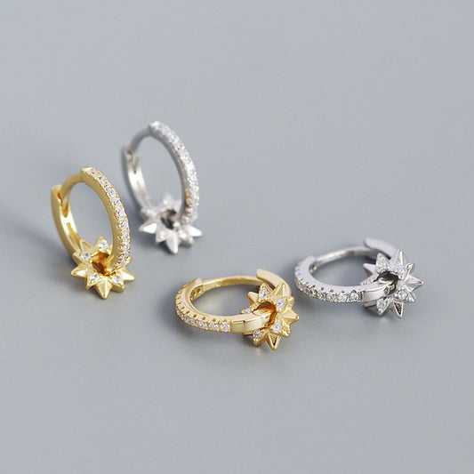 Boucles d'oreilles en diamant en forme d'étoile rotative à cinq branches en métal argenté s925