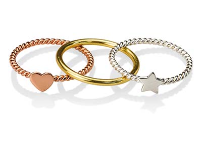Sterling Silver Heart And Star Design Three Stacking Rings, Size O Plated Sil, Yellow And Red - Pretty Savage Jewellery