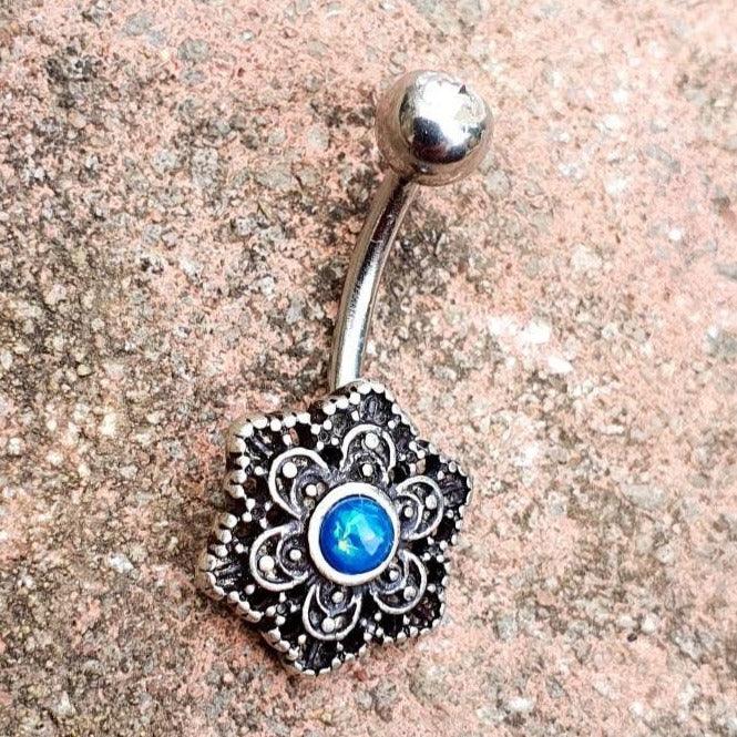 Mandala Vintage Retro Style Blue Gem Belly Bar Navel Bar - Pretty Savage Jewellery