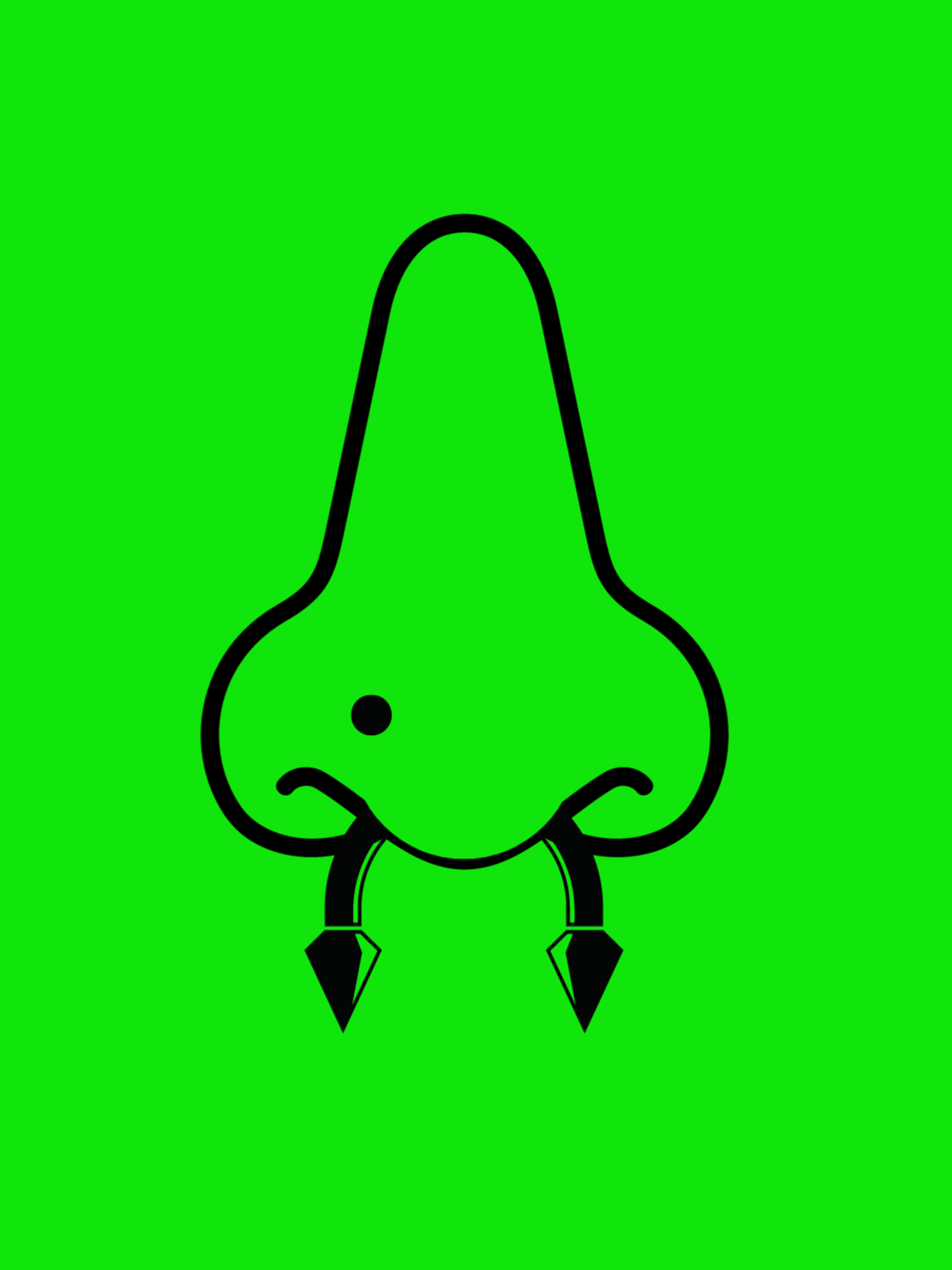 nose with piercings showing nose piercing jewellery on a green background