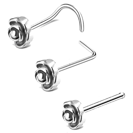 Silver Rose Stainless Steel Nose Studs 20G