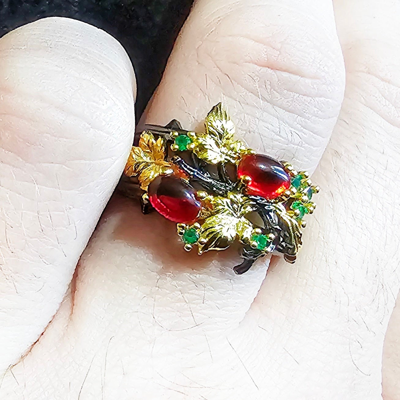 Black Twisted Vine Golden Leaf Gem Stone Ring - Pretty Savage Jewellery