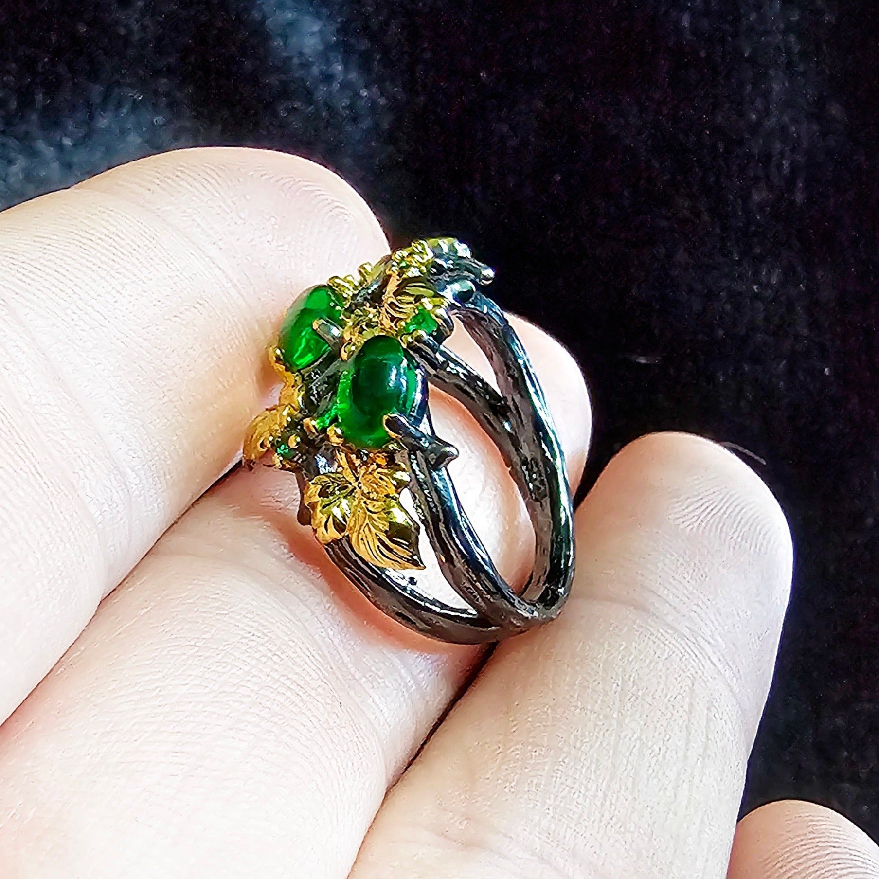 Black Twisted Vine Golden Leaf Gem Stone Ring - Pretty Savage Jewellery