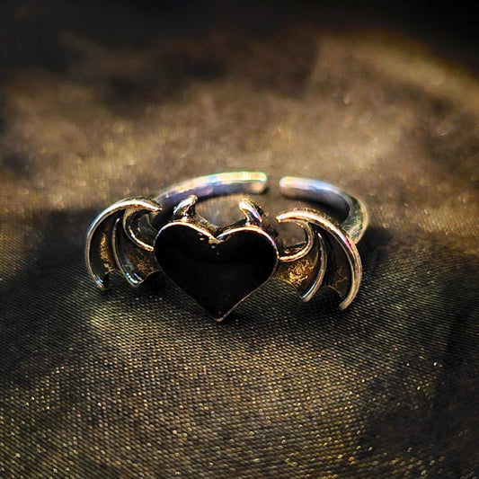 Devils Black Heart Silver Adjustable Ring - Pretty Savage Jewellery