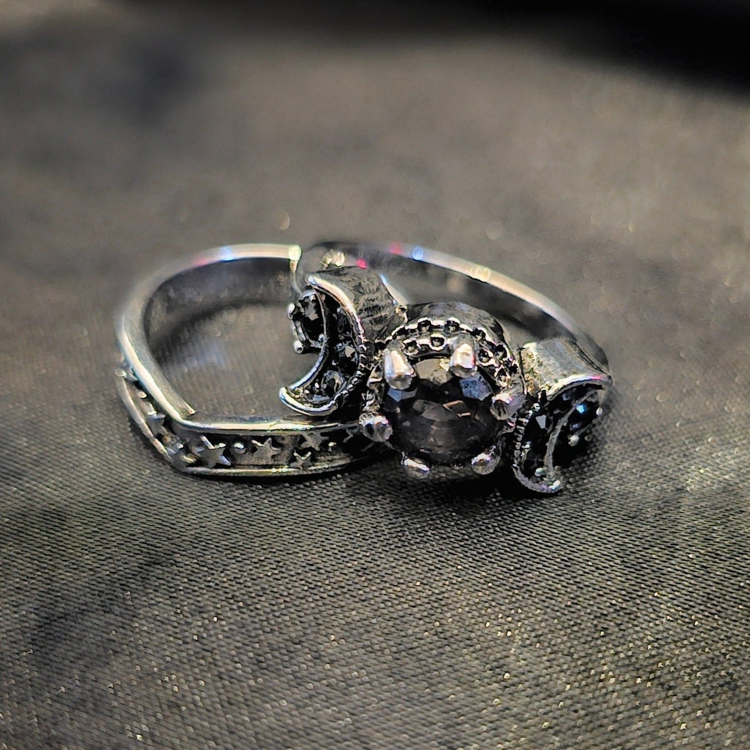 Dark Half Moon With Red Or Blue Gem Ring - Pretty Savage Jewellery