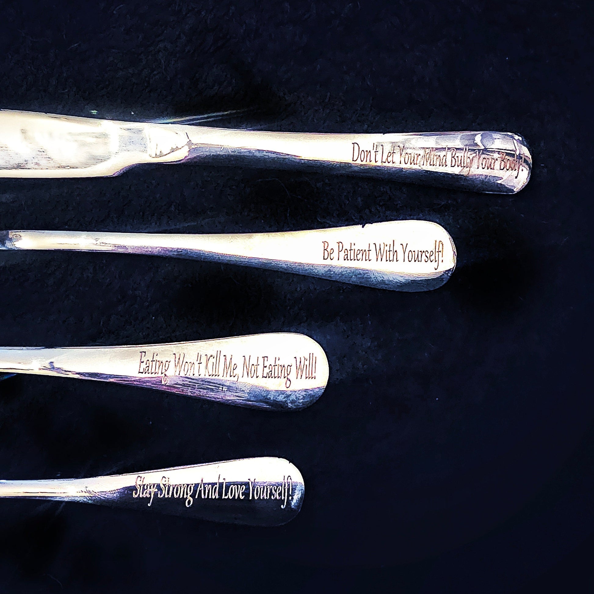 Positive Stainless Steel 4pc Personalised Mental Health Motivation Cutlery Set Eating Disorder - Pretty Savage Jewellery