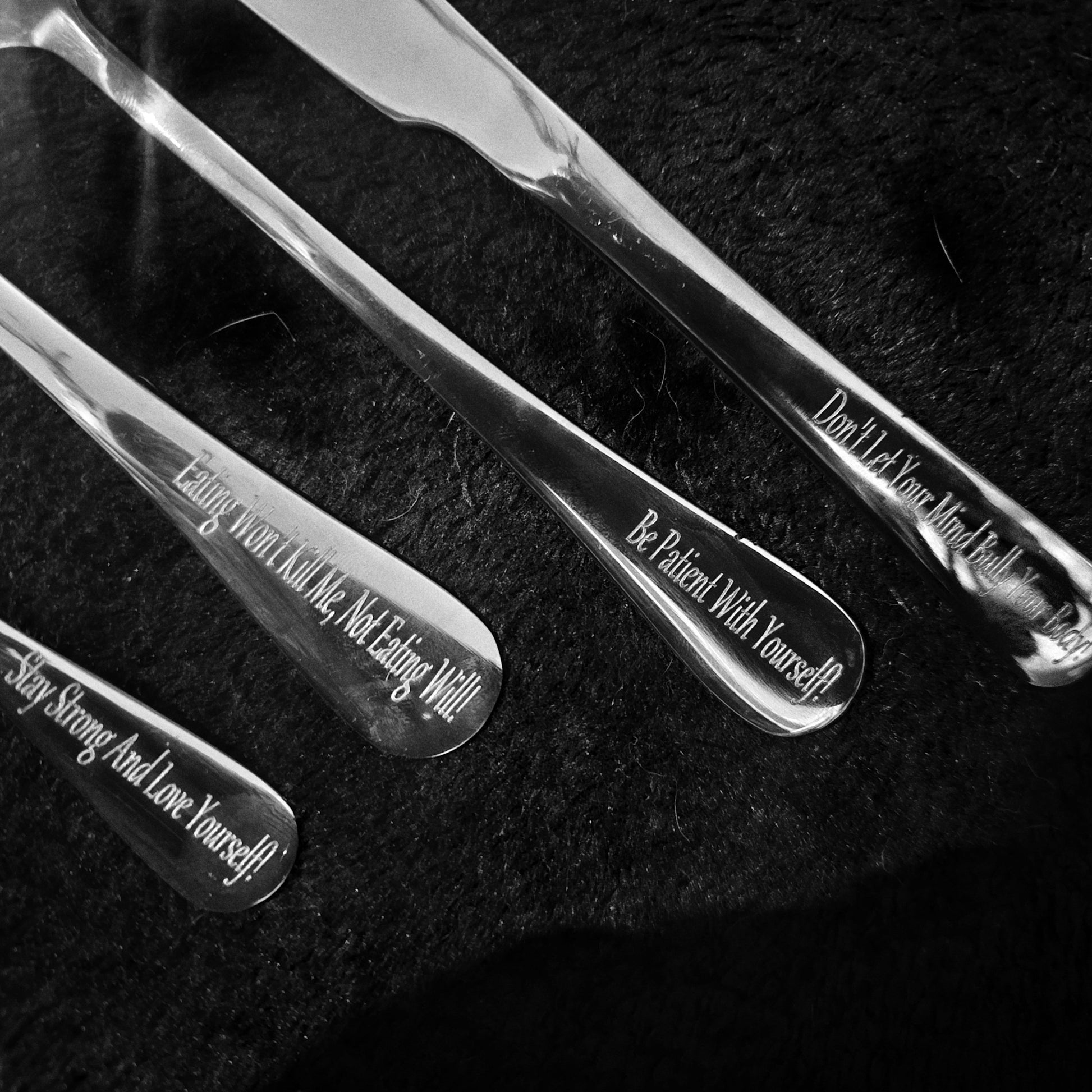 Positive Stainless Steel 4pc Personalised Mental Health Motivation Cutlery Set Eating Disorder - Pretty Savage Jewellery