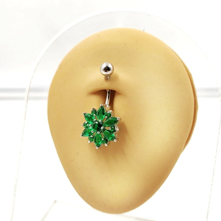 Emerald Green Rhinestone Flower Belly Bar 14G