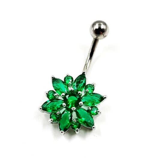 Emerald Green Rhinestone Flower Belly Bar 14G