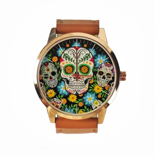 Candy Skull Leather Band Wrist Watch