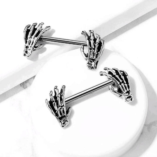 Skeleton Hand Stainless Steel Nipple Barbell 14G